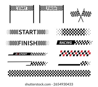 Sinalizador de início e término. Bandeira de corrida. Sinalizador xadrez. Listas de corrida. Gráficos de automobilismo de corrida. Ilustração vetorial	
