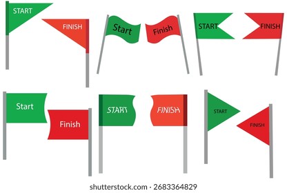 Banderas de inicio y fin para la competencia: Streamers y marcadores de punto de control de carreras rojos y verdes, Vector de estilo plano