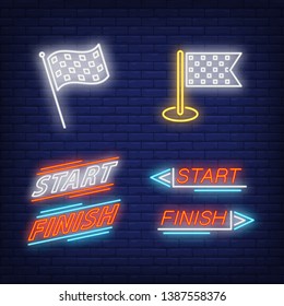 Start and finish flags neon signs set. Race, championship design. Night bright neon sign, colorful billboard, light banner. Vector illustration in neon style.
