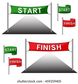 The start and finish gate, flags. Red and green. Vector illustration.
