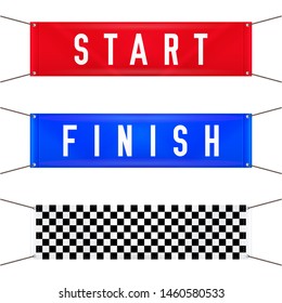 Start and Finish Hanging Banners. Vector Illustration. Red Start, Blue Finish and Checkered Textile Banners with Grommets.