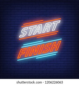 Start and finish inscription neon sign. Glowing neon lettering on dark blue brick background. Vector illustration for games, computer games, competitions