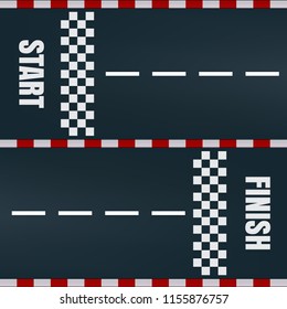 Start and finish line racing track marking. Car or karting road race rally vector background top view