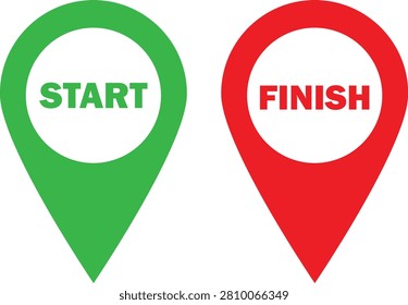 Start and finish location map pin icon set . Green start and red finish location pin icons . Vector illustration