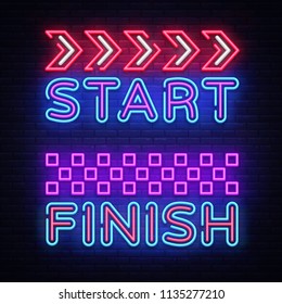 Start Finish neon sign vector. Start Finish Design template neon sign, Racing light banner, neon signboard, nightly bright advertising, light inscription. Vector illustration
