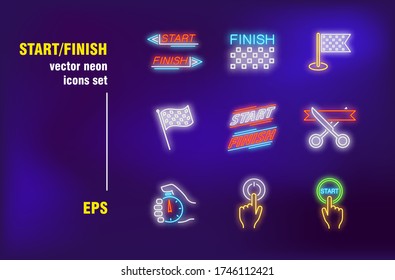 Start and finish neon signs set. Motor race flag, opening ribbon cut, timer, button. Night bright advertising. Vector illustration in neon style for marketing banners, promo posters design