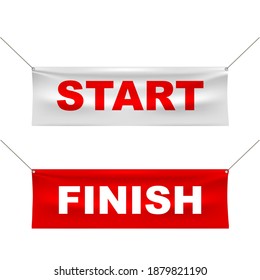 Fangen Sie realistische Banner an und beenden Sie sie. Flaggen für Sportveranstaltungen im Freien. Textil-Vektorgrafik-Streamer für Wettkämpfe, Marathon laufen