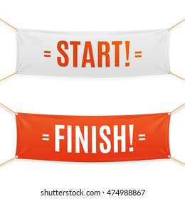 Start and Finish Textile Banner Set.  Vector illustration of colorful red and white stretched taut for advertising.