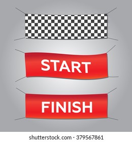 Start And Finish Textile Banners Vector Set. Flag Sport Race, Competition Finishing