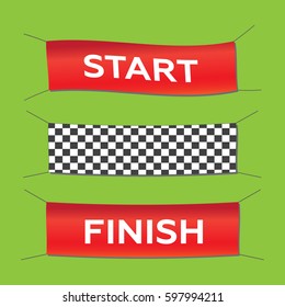 Start And Finish Textile Banners Vector Set. Flag Sport Race, Competition Finishing. Start And Finish Vector