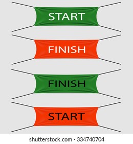 Start and finish textile strips or banners, red or green colors with black or white texts, vector