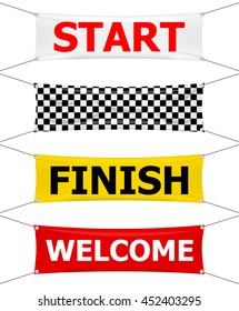 Start, finish and welcome textile banners set, vector illustration.  Flag sport race, competition starting and finishing, winner success illustration. Start and finish sport flags