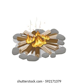 Start of firewood burning. Campfire bonfire surrounded by stones on white background. Firewood element with wood piles. Outdoor pastime on nature. Isolated vector illustration of fire in cartoon style