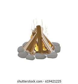 Start of firewood burning. Campfire bonfire surrounded by stones on white background. Firewood element with wood piles. Outdoor pastime on nature. Isolated vector illustration of fire in cartoon style