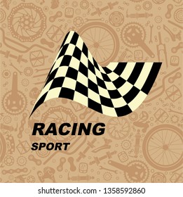 Start flag on the background of a seamless pattern of bicycle parts.