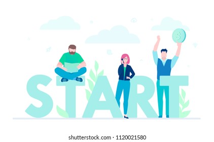 Start - flat design style colorful illustration on white background. A composition with businessmen working on a project, talking on the phone, manager holding a dollar coin in hands. Teamwork concept