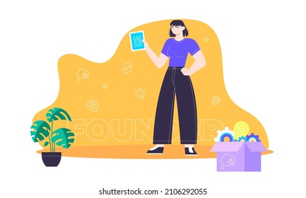 Start up founder. Concept with young asian woman, keyword, and icons - clog, dollar sign, light bulb, brain, idea. Flat vector illustration. Isolated playful cartoon character.