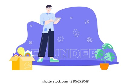 Start up founder. Concept with young black man, keyword, and icons - clog, dollar sign, light bulb, brain, idea. Flat vector illustration. Isolated playful cartoon character.