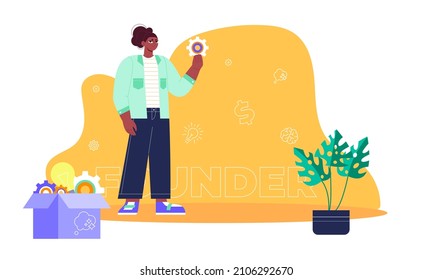 Start up founder. Concept with young black man, keyword, and icons - clog, dollar sign, light bulb, brain, idea. Flat vector illustration. Isolated playful cartoon character.