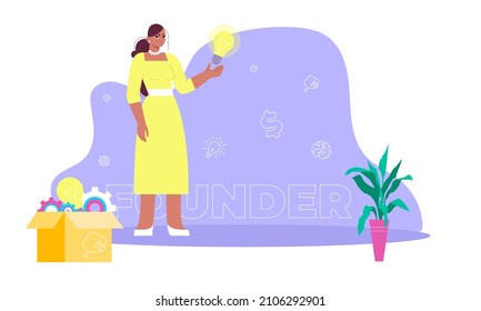 Start up founder. Concept with young latin woman, keyword, and icons - clog, dollar sign, light bulb, brain, idea. Flat vector illustration. Isolated playful cartoon character.