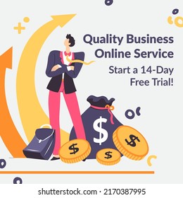 Start free fourteen-day trial for quality business online service. A growing economy and financial side of project or organizations, Promotional banner for advertisement. Vector in flat style