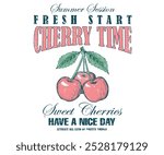 Start fresh day. Have a nice day. Sweet cherry artwork. Cherry fruit print. Organic fresh fruit juice artwork. Cherry time. Organic food artwork for for t-shirt. Fruit vintage t-shirt design.
