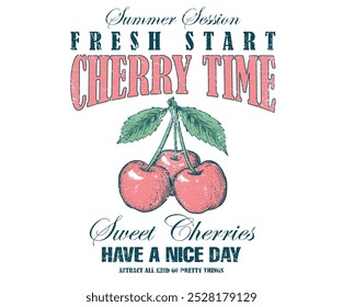 Empieza un nuevo día. Que tengas un buen día. Obra de arte de cereza dulce. Estampado de cereza. Obra de arte de jugo de fruta fresca orgánica. Hora de la cereza. Obra de arte de comida orgánica para camiseta. Diseño de camiseta vintage de frutas.