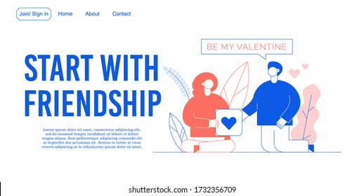 Start friendship. Relationship building development. Dating in social media network. Digital communication. Man giving heart to woman offering good relation love. Valentine day landing page design