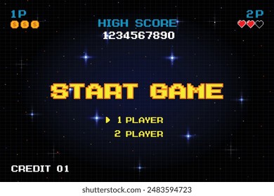 Start game, 1 player or 2 players. pixel art .8 bit game. retro game. for game assets in vector illustrations.	