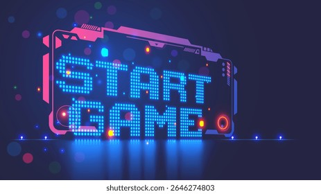 Start game. Banner or poster for club of video game with title start game. computer video game interface border in cyberspace with neon pixels letters. Concept banner or cover for retro gaming blog.