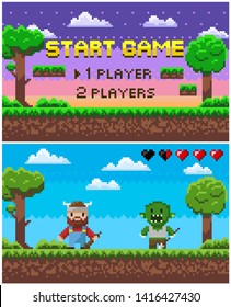 Start game and battle screen of pixel game, 1 player or 2 players, war of knight and geek, green tree and bush, ground steps, superhero and monster vector. Pixelated 8 bit app game
