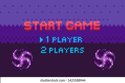 Start game, choose player, space pixel game in purple color decorated by stars, screen of war video-game with wye sign, shine element, adventure vector, menu for pixelated app games