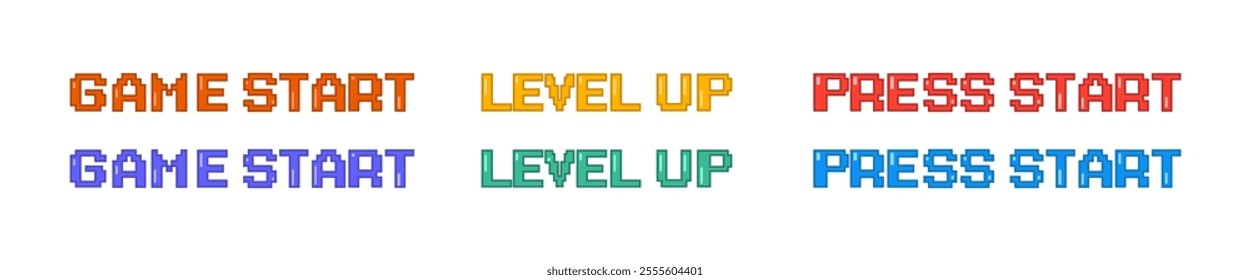 Start game. Level up. Press start. Pixel style. Pixel art. 8 bit game. Retro game. For game assets.