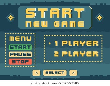 Iniciar menu de jogo. Pixel art console. Exibição do painel. reprodutor de arcade de 8 bits. Fonte do jogo de vídeo. Estilo gráfico retrô do computador. Botões do painel GUI com rótulos digitais. Vetor