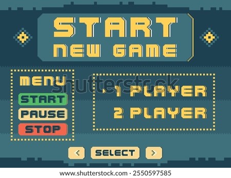 Start game menu. Pixel art console. Dashboard display. 8 bit arcade player. Video gaming font. Retro computer graphic style. GUI panel buttons with digital labels. Vector