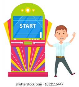 Start game on machine vector, isolated kid smiling and waving. Character relaxing on weekends, playing using control buttons and screen with video