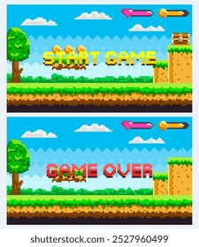 Start game and game over screens are shown on a pixelated video game interface. Both screens include a tree, heart, coin, and sword indicators, with a background of clouds and sky. Ideal for retro