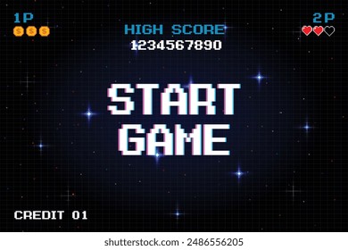 START GAME. pixel art .8 bit game. retro game. for game assets in vector illustrations