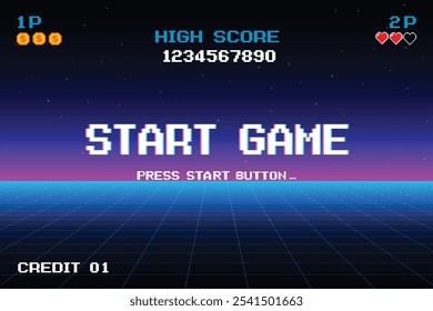 START GAME. pixel art .8 bit game. retro game. for game assets in vector illustrations. arcade gaming.	