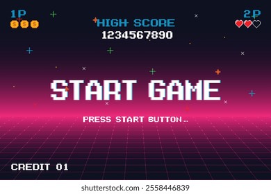 START GAME. pixel art .8 bit game. retro video game. for game assets. Retro Futurism Sci-Fi Background. glowing neon grid and star from vintage arcade computer games