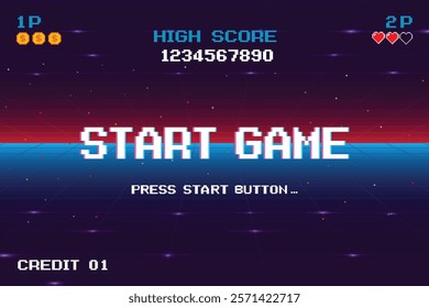 START GAME. pixel art .8 bit game. retro game. for game assets in vector illustrations. arcade gaming.