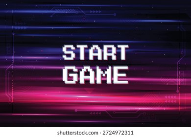 START GAME. Pixel Art 8 Bit auf Abstrakte Linse Fackel Licht Spezialeffekt Hintergrund. Retro-Videospiel-Hintergrund, Schaltungstechnik-Hintergrund-Design. UI, HUD