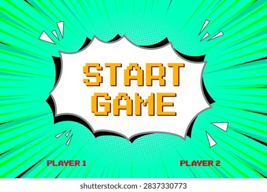 START GAME. Pixel art 8 bit. retro game. for game assets in vector illustrations on retro green background.