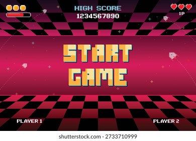 START GAME. pixel art 8-bit. Retro Futurism Sci-Fi Background. glowing neon grid and star from vintage arcade computer games