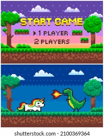 Start game question vector, arcade scene with nature and pixelated icons. Dragon with fire and unicorn with colorful hair, fight of creatures 8 bit
