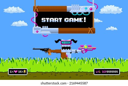 Start game screen in pixel art design. 8bit game vector background.