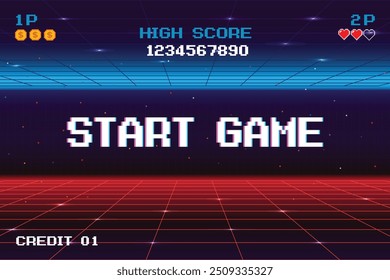 INICIAR JOGO. Ilustração da rede de arames Synthwave. jogo de pixel art. 8 bits. jogo retro. para ativos de jogos. Retro Futurismo Sci-Fi Background. gwing neon grid. e estrelas.