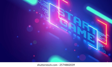 Start game text flying in cyberspace. Design of video game start message. Game start vector illustration. Background with text start game, isometric 3d pixels in neon frame. Template vector banner.