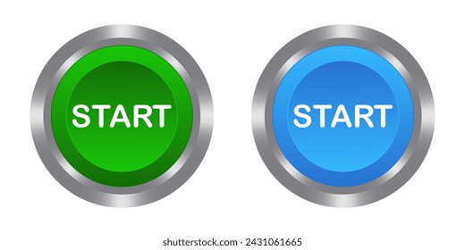 Start green and blue buttons with metal base. Push, press, control, manipulation, key. Starter, beginning, onset, opening, launch, run the program, turn on, switch, activate, plug in, install, contact