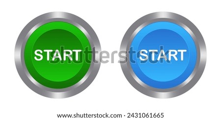 Start green and blue buttons with metal base. Push, press, control, manipulation, key. Starter, beginning, onset, opening, launch, run the program, turn on, switch, activate, plug in, install, contact